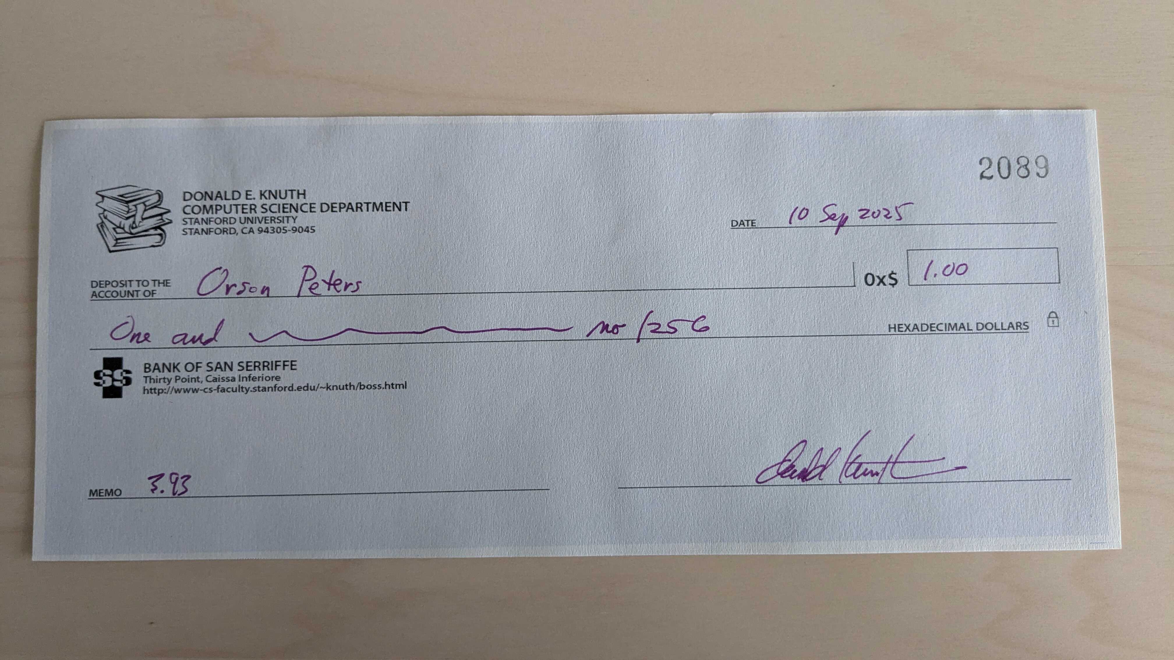 Knuth reward check.
